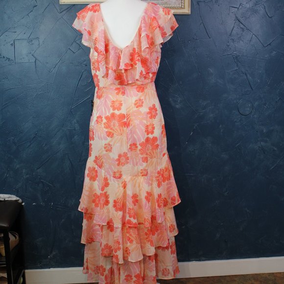 Lulus Cream & Hues of Pink Chiffon Maxi Dress Women's Floral Ruffled Size L - Picture 6 of 13